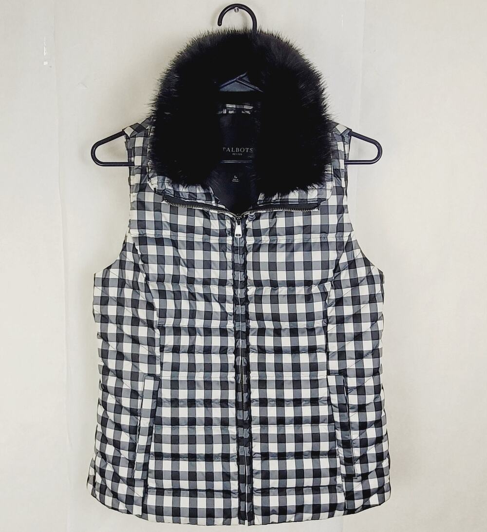 Talbots Buffalo check fur trimmed down puffer vest Size small Petite Ski Glam
